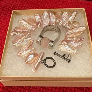 Freshwater Pearl Baroque Bracelet with Pink Quartz Sterling Ring